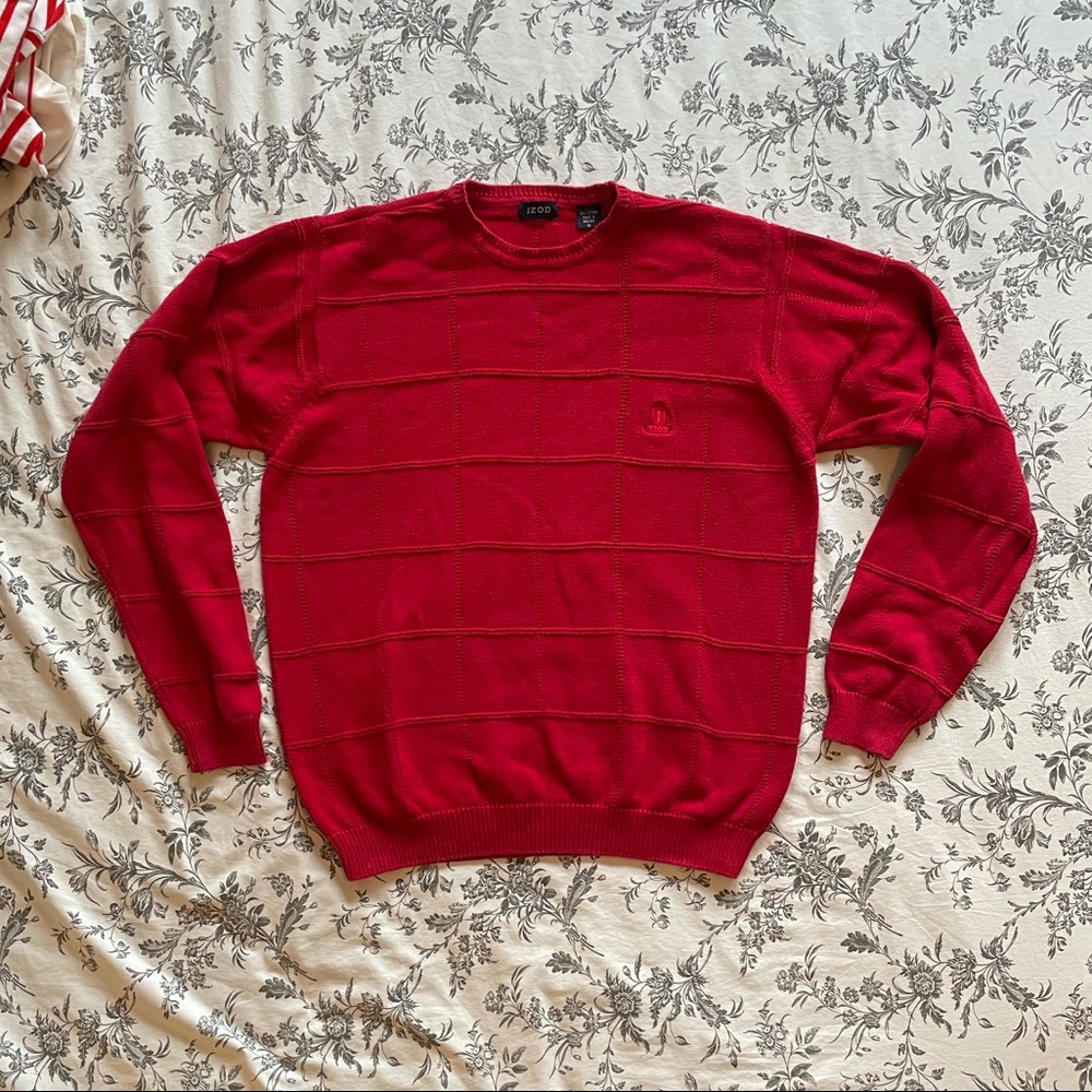 Izod Men’s Red Grid Cotton Sweater - Picture 1 of 5
